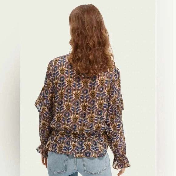 SCOTCH & SODA Ruffle Top Beautiful Floral Blue Pink Black Gold Size Large - Picture 2 of 15